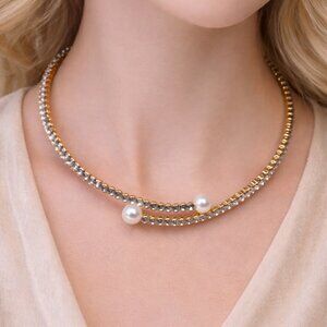 Gold-Tone Rhinestone & Pearl Flexible Collar Necklace